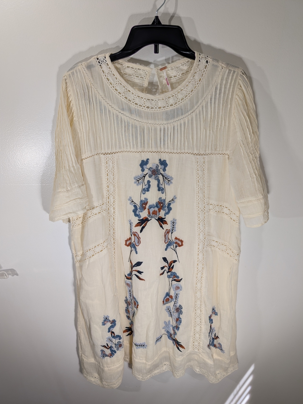 Free People Cream Dress with Blue and Rust Embroidered Floral Panels